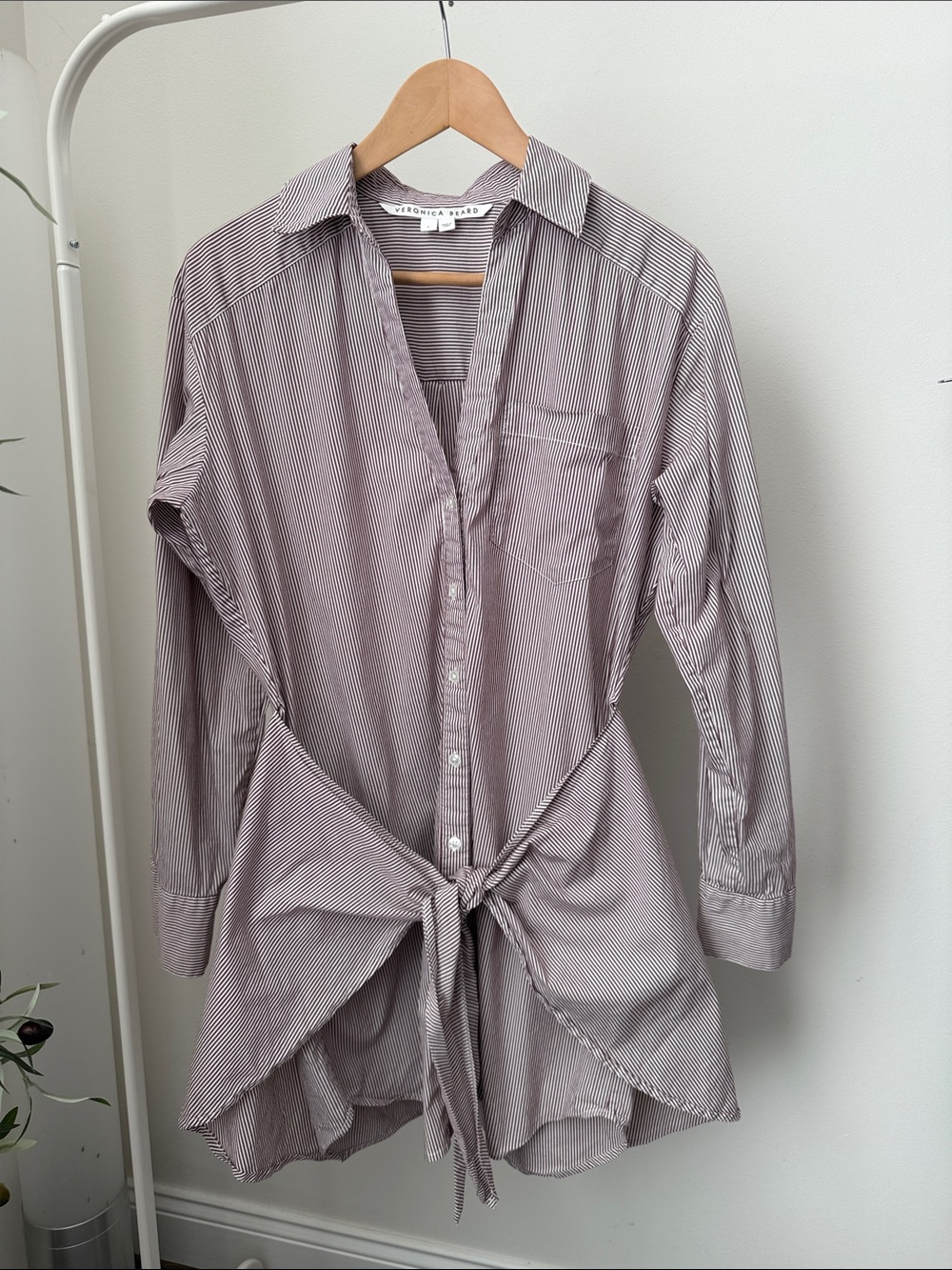 Veronica Beard Beige and White Striped Tie-Front Shirt Dress Size 4 - Picture 3 of 15